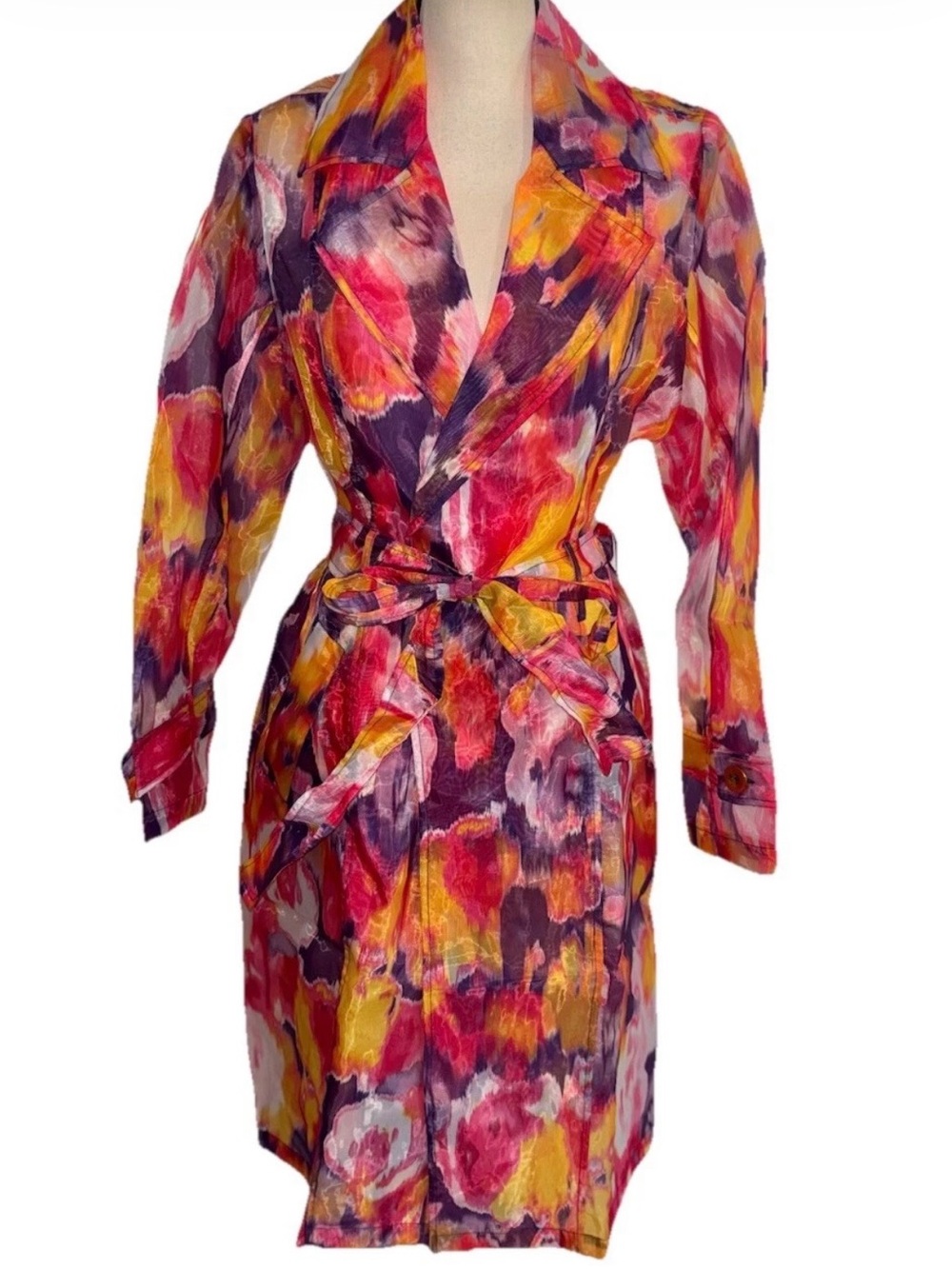 Masseys Vibrant Multicolor Floral Trench Dress Lightweight Medium